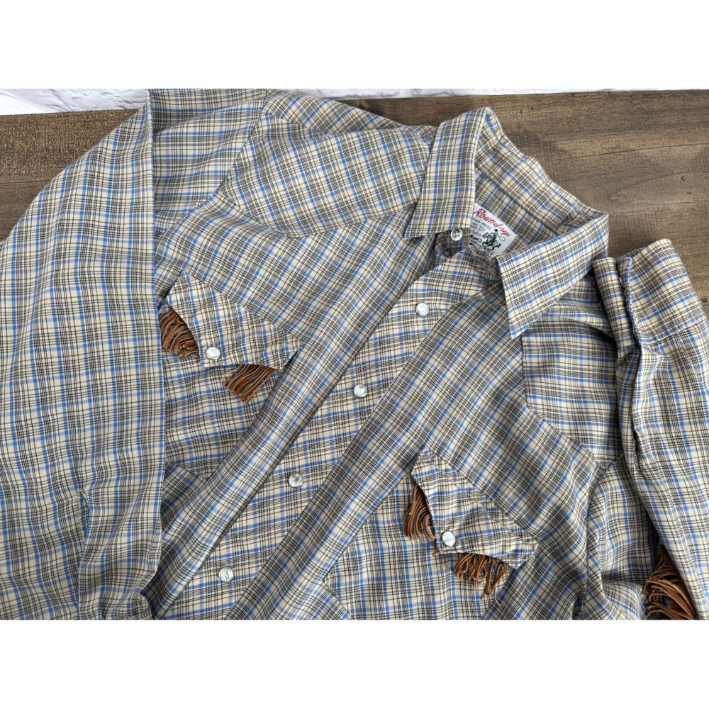 Vintage Retro Western Shirt Mens Large Plaid Fringe Pearl Snap Cowboy Rockabilly